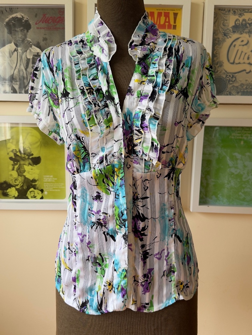 Y2K White Abstract Floral Ruffle Blouse | Purple Aqua Green Print | Romantic